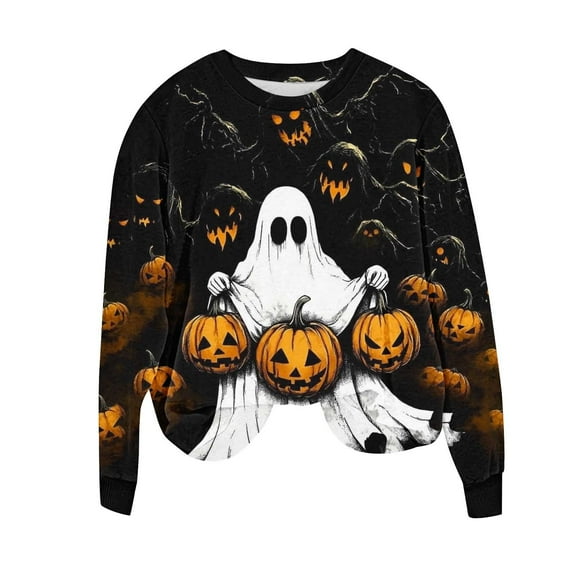aohooy Halloween Women Tshirt 2025 Novelty Witch Pumpkin Ghost Bat Print Gothic Shirts Long Sleeve Crewneck Pullover Multicolor,L
