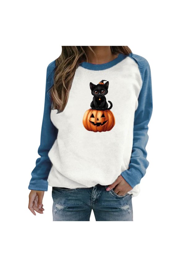 Halloween Women Tshirt Raglan Long Sleeve Crewneck Sweatshirt Funny Ghost Print Tops Vintgae Festival Clothes Gift Blue,XXL