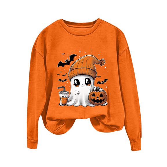 aohooy Halloween Women's Shirt Cute Funny Ghost Pumpkin Graphic Long Sleeve Shirt Fall Spooky Pullover Sweatshirts Tops Orange,XL