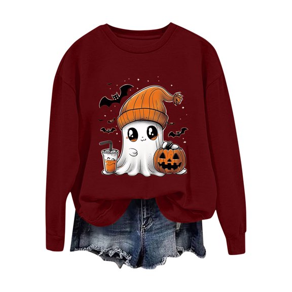 aohooy Halloween Women's Shirt Cute Funny Ghost Pumpkin Graphic Long Sleeve Shirt Fall Spooky Pullover Sweatshirts Tops Wine,L
