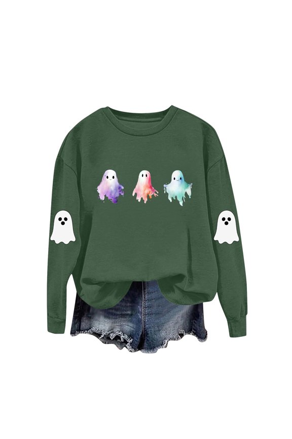 Halloween Womens Shirt Cute Funny Ghost Pumpkin Graphic Long Sleeve Shirt Fall Spooky Pullover Sweatshirts Tops Army Green,L