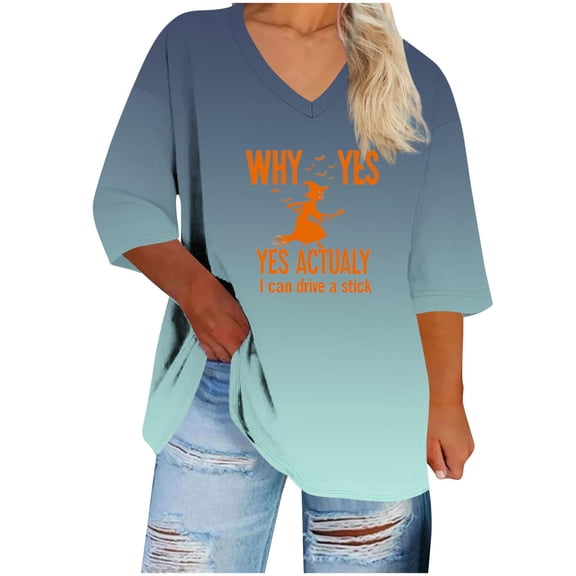 aohooy Halloween Womens Shirt Plus Size Ghost Witch Pumpkin Print 3/4 Length Sleeve Tunic Tops Loose Fit V Neck Blouse Green,XXXXL