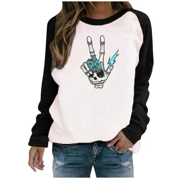 aohooy Halloween Womens Shirt Raglan Long Sleeve Crewneck Sweatshirt Funny Ghost Print Tops Vintgae Festival Clothes Gift Black,M