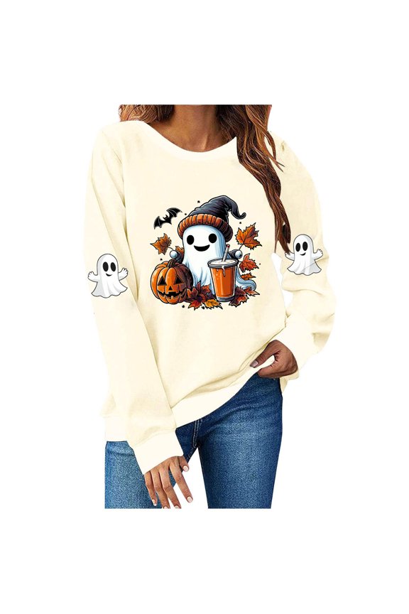Halloween Womens Shirts Sweatshirts for Women Ghost Print Long Sleeve Crewneck Pullover Loose Fit Cute Graphic Tee Shirt Beige,M
