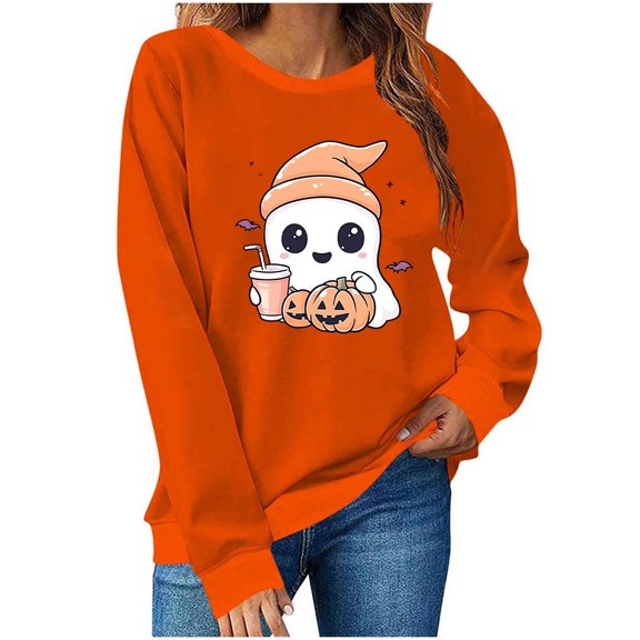 aohooy Halloween Womens Sweatshirt Cute Funny Ghost Pumpkin Graphic Long Sleeve Shirt Fall Spooky Pullover Sweatshirts Tops Orange,M