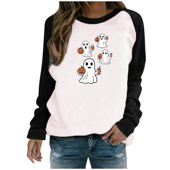 aohooy Halloween Womens T Shirt 2025 Crewneck Casual Long Sleeve Fall Sweatshirts Lightweight Pullover Tops Graphic Cute Sweater Black,L