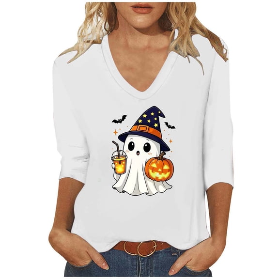 aohooy Halloween Womens T Shirt Loose 3/4 Sleeve Funny Graphic T-Shirts Casual V Neck Witch Pumpkin Ghost Tunic Tops White,L