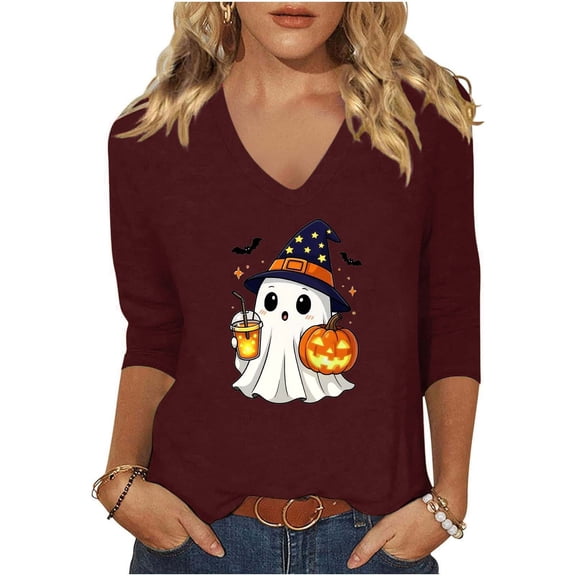 aohooy Halloween Womens T Shirt Loose 3/4 Sleeve Funny Graphic T-Shirts Casual V Neck Witch Pumpkin Ghost Tunic Tops Wine,L