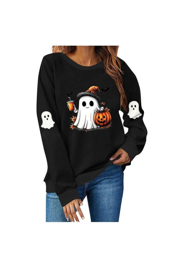 Halloween Womens Tops Halloween Sweatshirts Cute Ghost Graphic Crewneck Sweatshirt Oversized Long Sleeve Pullover Tops 2025 Black,L