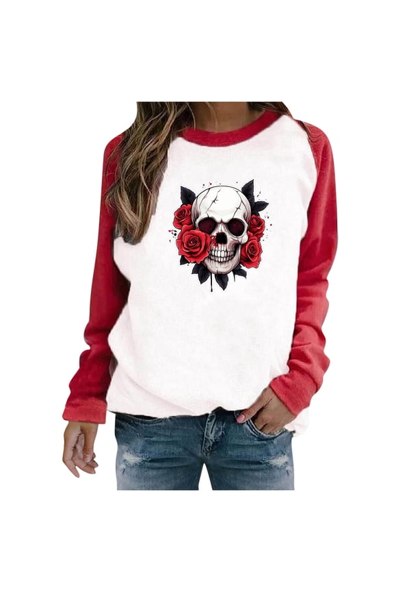 Halloween Womens Tops Raglan Long Sleeve Crewneck Sweatshirt Funny Ghost Print Tops Vintgae Festival Clothes Gift Red,M