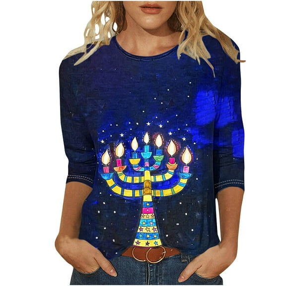 aohooy Happy Hanukkah Shirts for Women Love Menorah Print 3/4 Sleeve Tops Cotton Crewneck Pullover Blouse Chanukah T-Shirt 2025 Multicolor,XXL