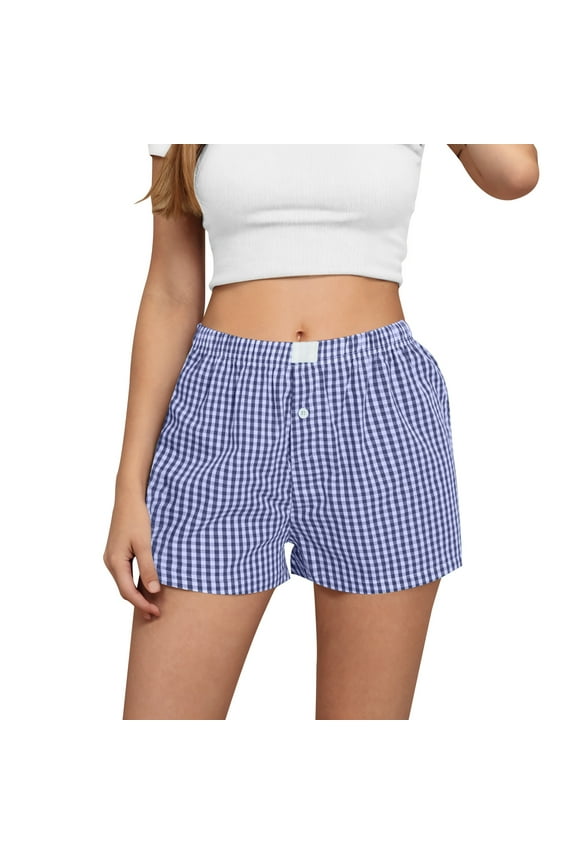 High Waisted Linen Shorts Women Summer Casual Plaid Wide Leg Boxer Shorts Lounge Gingham Pajama Sleep Y2K Beach Short Pants Sky Blue,XL