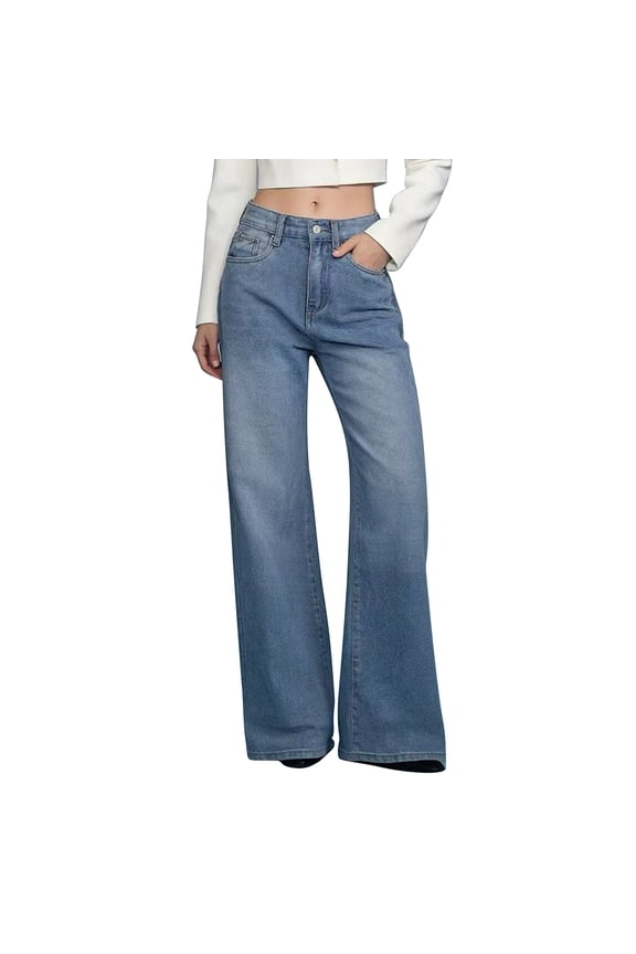 High Waisted Wide Leg Stretch Denim Jeans for Women 2026 Loose Fit Distress High Waist Jean Pant Vintage Y2K Palazzo Trousers with Pockets Light Blue,L