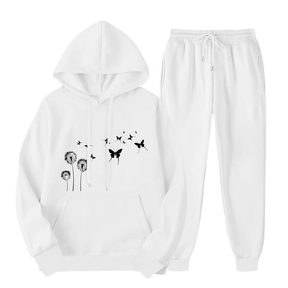 aohooy Hoodie and Jogger Set for Women,Women 2 Piece Sportswear Set Dandelion Print Long Sleeve Pullover Sweatshirt Jogger Pants Sweatsuit with Pockets 2024 White,XXL