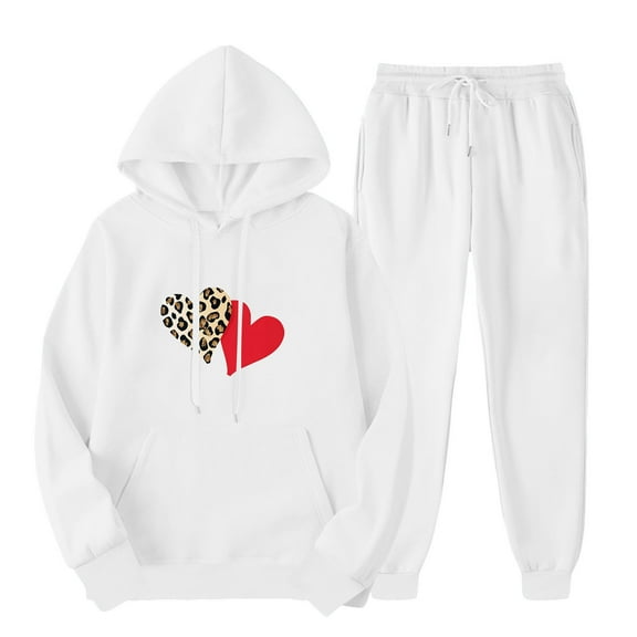 aohooy Hoodie Sweatpants Set Women,Womens Sweatsuits 2 Piece Sets Heart Graphic Long Sleeve Drawstring Hoodie Pullover Outfits Sweatshirt Cute Trendy Lounge Sweat Set White,S