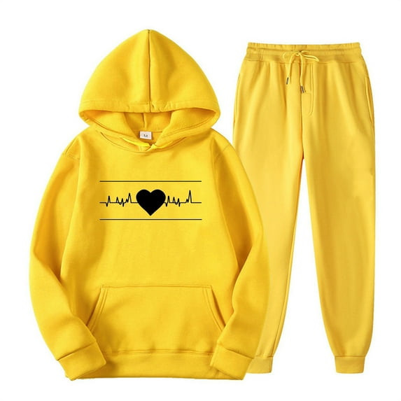 aohooy Hoodie and Sweats Set for Women,2 Pc Sweatsuit Set for Women Cute Printed Oversized Pullover Hoodie Sweatshirt Matching Sweatpants Tracksuit 2024 Yellow,XXXL