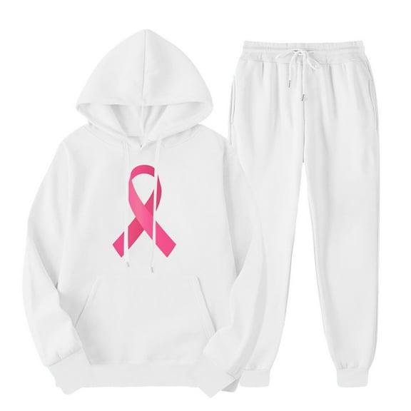 aohooy Hoodie Sweatsuit Set for Women,Womens Sweatsuits 2 Piece Outfits Pink Ribbon Breast Cancer Graphic Hoodies Sweatshirt Jogger Sweatpant Comfy Lounge Set Tracksuit White,XXL