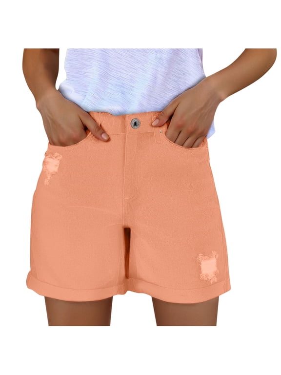 Jean Shorts Woman Casual High Rise Distressed Rolled Hem Ripped Denim Short Pants Orange,XL