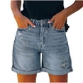 thumbnail image 1 of aohooy Jean Shorts for Women Low Rise Casual High Rise Distressed Rolled Hem Ripped Denim Short Pants Blue,L, 1 of 6