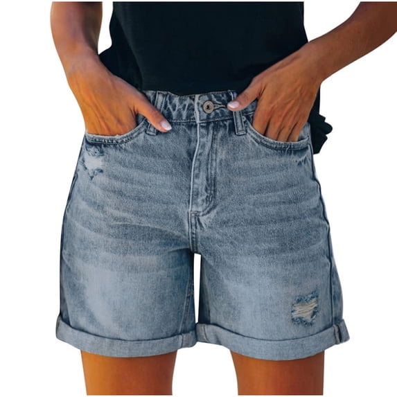 aohooy Jean Shorts for Women Low Rise Casual High Rise Distressed Rolled Hem Ripped Denim Short Pants Blue,L