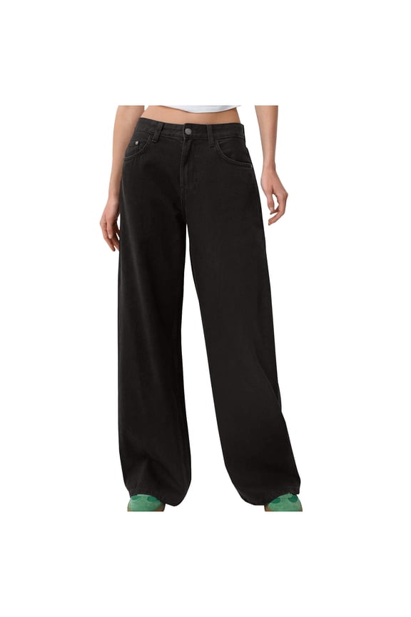 Jeans for Women Trouser Casual Y2k Wide Leg Baggy Streetwear Palazzo Denim Pant with Pockets Black,M