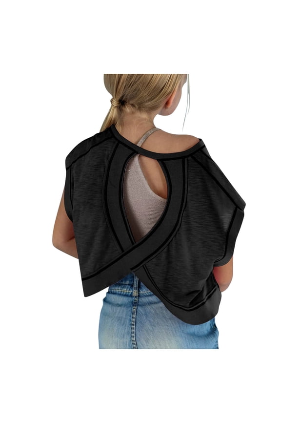 Kid Crop Top Girl Open Back Hollow Cotton Criss Cross Athletic Trendy Tops Short Sleeve Lightweight Gym Shirts Black,11 Years