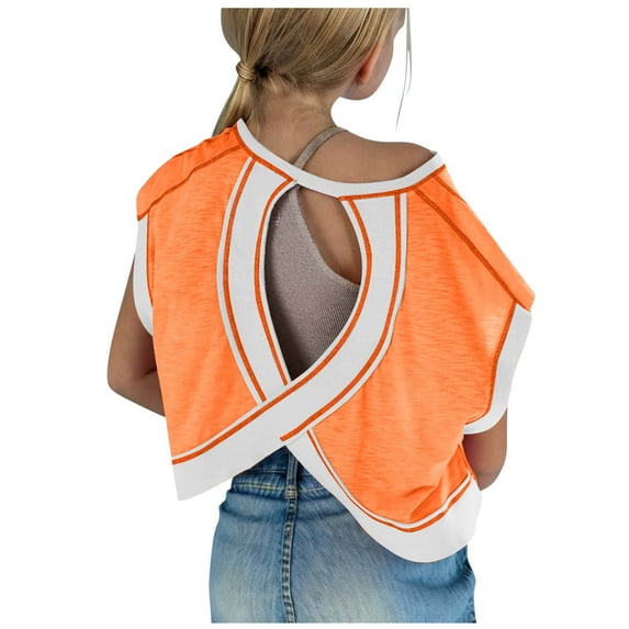 aohooy Kids Crop Top Open Back Hollow Cotton Criss Cross Athletic Solid Tops Short Sleeve Lightweight Gym Shirts Orange,7 Years