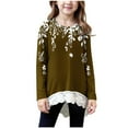 thumbnail image 1 of aohooy Lace Tops for Teens Long Sleeve Crewneck Tunic Lace Trim Hem Blouses Cute Boho Fall Pullover Printed Loose Soft Tees Brown,12-13Years, 1 of 6