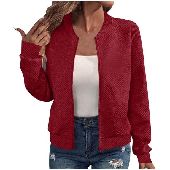 aohooy Ladies Jackets Lightweight Casual Zip Up Stand Collar Long Sleeve Bomber Jacket Trendy Texture Cropped Fall Outerwear Coat with Pocket Red,S