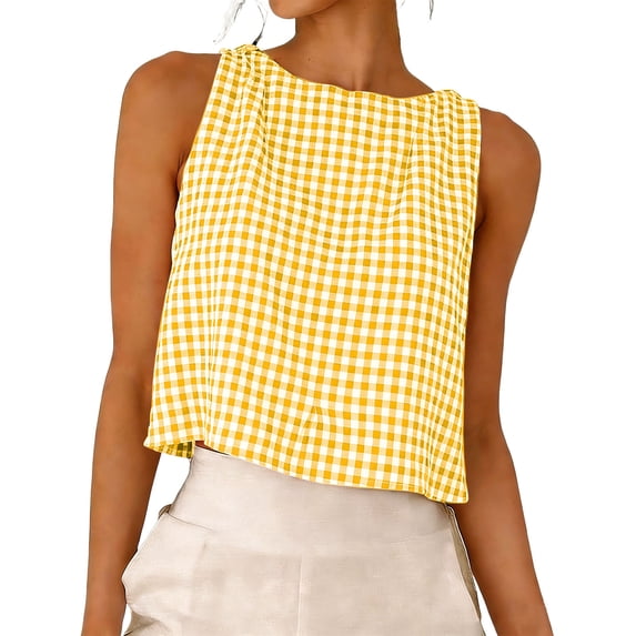 aohooy Ladies Linen Shirt Summer Casual Sleeveless Crewneck Gingham Crop Tank Tops Plus Size Plaid Print Loose Fit Vests Yellow,XL