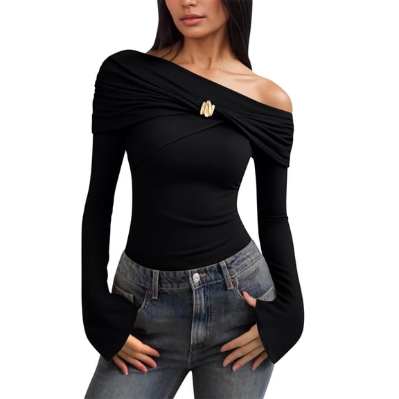 aohooy Ladies Long Sleeve Shirts Off Shoulder Slim Fitted Y2K Top Fashion Basic Going Out Cotton Crop Shirts Black,S