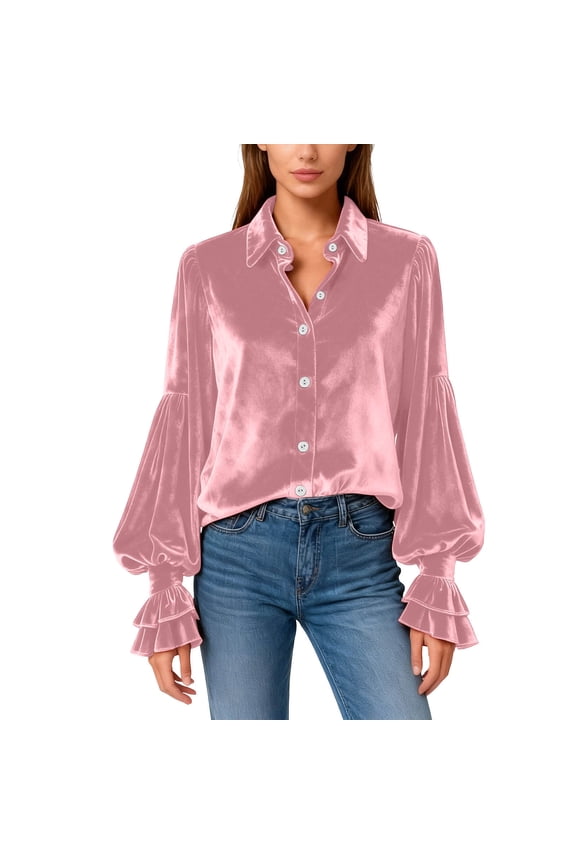 Ladies Velour Tops Collared Puff Lantern Sleeves Button Down Blouse Renaissance Loose Fit Casual Henley Shirts Pink,XXL