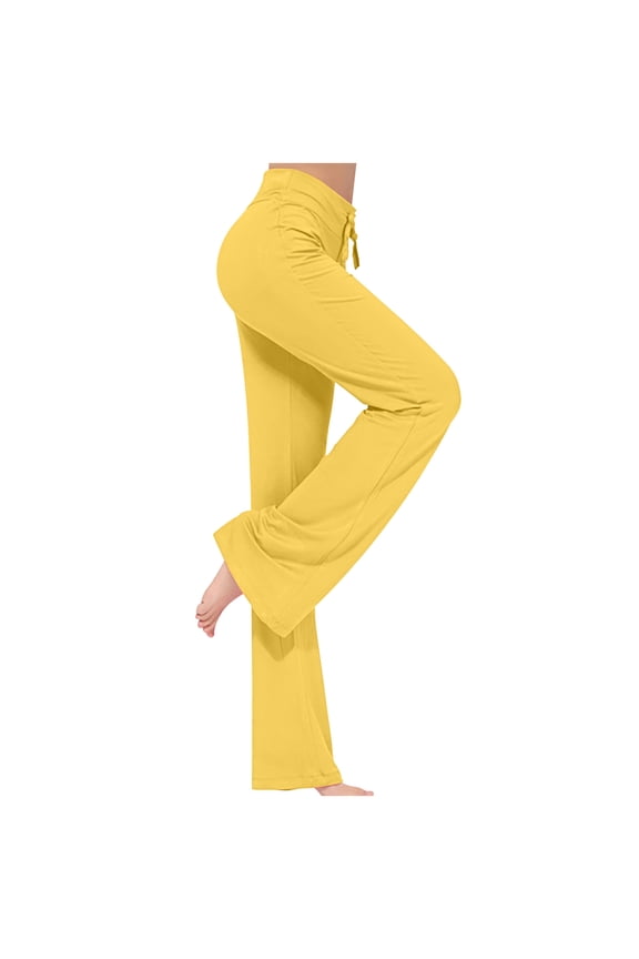 Leggings with Pockets for Women Plus Size Wide Leg High Waisted Stretchy Yoga Pants Drawstring Workout Tummy Control Solid Bootcut Legging Yellow,S