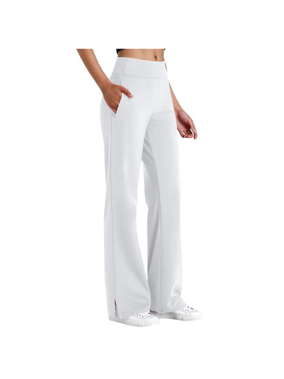 Light Weight Yoga Pants for Women Summer Plu Size Elastic Waist Flare Leggings with Pockets Split Hem Solid Workout Gym Trousers White,XXXL