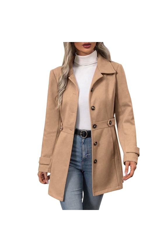 Lightweight Peacoat Women Lapel Collar Single Breasted Trench Coat Winter Long Sleeve Outerwear Overcoat Khaki,XL