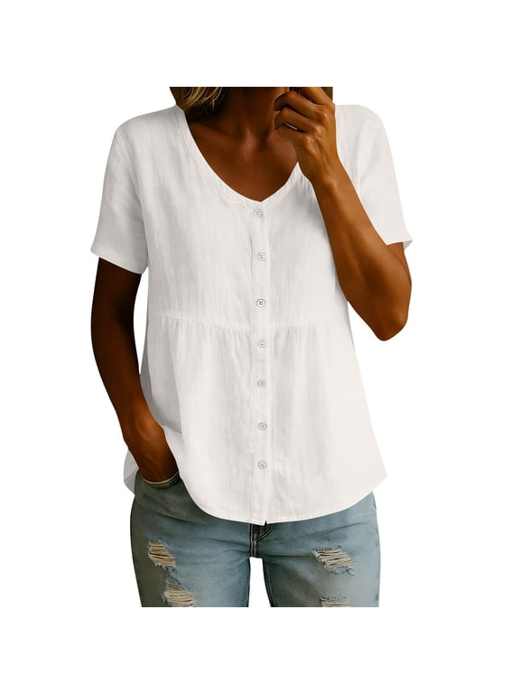 Linen Blouse Women Plus Dressy Short Sleeve Casual Blouses Empire Waist Summer V-Neck Button Down Peplum Shirt Top White,L