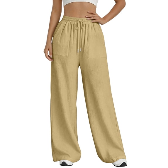 aohooy Linen Boho Pants Women Drawstring Elastic Waist Pants Loose Summer Casual Flowy Wide Leg Beach Trousers with Pockets 2026 Khaki,S