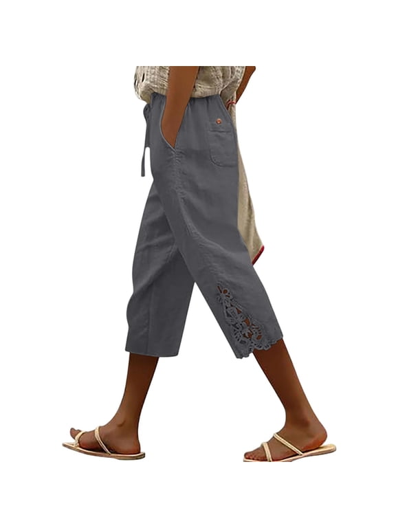 Linen Capri Pants for Women Summer Drawstring Lace Trim Boho Shorts High Waisted Wide Leg Cropped Capris with Back Pockets Gray,S