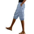 thumbnail image 1 of aohooy Linen Cargo Capris for Women Knee Length Capri Pants with Pockets Elastic Waisted Summer Work Outdoor Hiking Cropped Pant Light Blue,M, 1 of 8