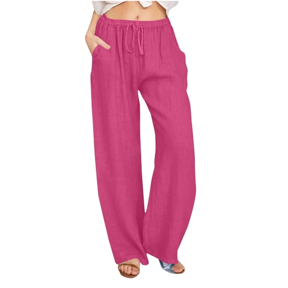 aohooy Linen Casual Pants Women Plus Size Summer Drawstring Elastic Waist Palazzo Pant Flowy Loose Boho Beach Trouser with Pockets Hot Pink,XL