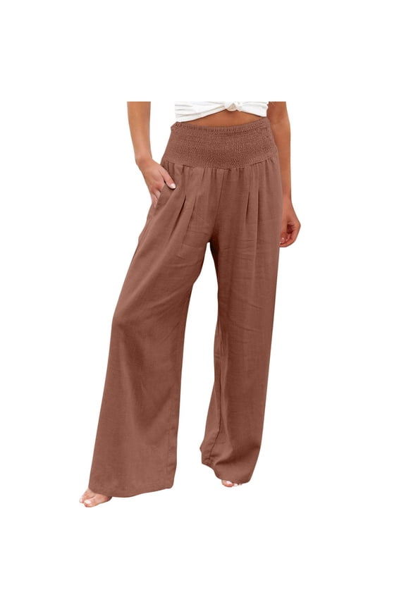Linen Gauze Pants Women Palazzo Summer Boho Flowy Wide Leg High Waist Casual Lounge Pant 2026 Travel Vacation Trousers Coffee,L