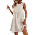 thumbnail image 1 of aohooy Linen Mini Dress for Women Casual Crew Neck Sleeveless Mini Dresses Loose Summer Cotton Flowy Pleated Tiered Beach Sundress Beige,L, 1 of 8