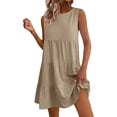 thumbnail image 1 of aohooy Linen Mini Dress for Women Casual Crew Neck Sleeveless Mini Dresses Loose Summer Cotton Flowy Pleated Tiered Beach Sundress Khaki,XXL, 1 of 8