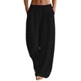 thumbnail image 1 of aohooy Linen Pant Women Wide Leg Palazzo Summer Flowy Pants Beach Vacation Elastic Waist Travel Trousers with Pockets Black,S, 1 of 8
