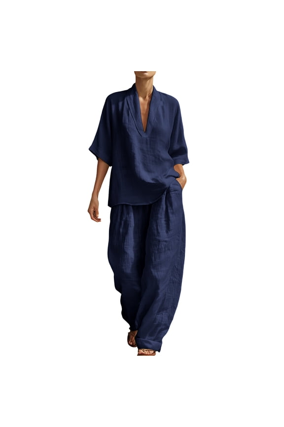 Linen Pants Set Women 2 Piece Flowy Dressy Casual V Neck 3/4 Sleeve Shirts Wide Leg Pants Summer Boho Beach Outfits Navy,M