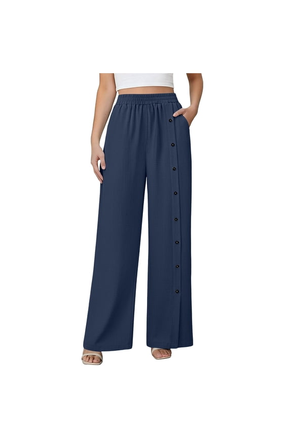 Linen Pants Women Tall Wide Leg Lounge Boho Palazzo Pants Side Button Elastic Waist Flowy Beach Vacation Slacks Trousers Navy,XL