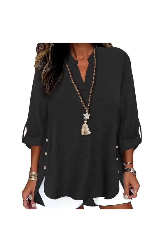 Linen Shirts for Women Dressy Spring Tops 3/4 Sleeve Henley V Neck Tunic Buttons Side Split Flowy Hem Summer Blouses Black,M