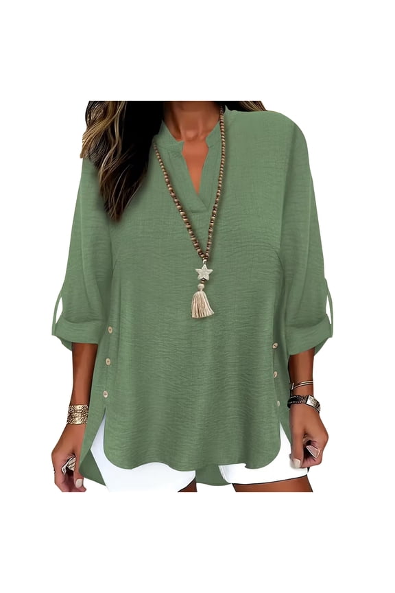 Linen Shirts for Women Dressy Spring Tops 3/4 Sleeve Henley V Neck Tunic Side Split Flowy Hem Buttons Blouses Summer Green,XL