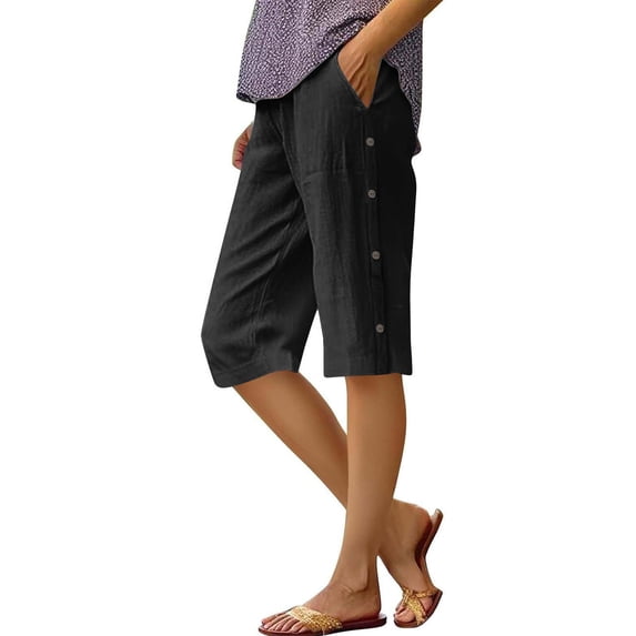 aohooy Linen Short Pants Women Casual Side Button Knee Length Summer Shorts with Pockets Wide Leg Loose Fit Beach Short Pants Black,M