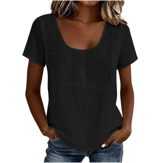 aohooy Linen Tops for Women Bohemian Peasant Tunic Blouse Summer Embroidered Short Sleeve U Neck Flowy Boho Gauze Tee Shirts 2026 Black,XXL